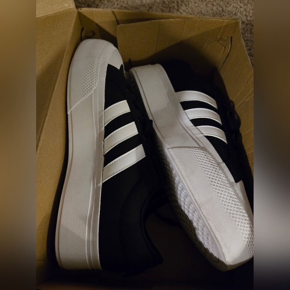 Adidas Black Canvas Platform Sneaker with White Stripes - Picture 8 of 10